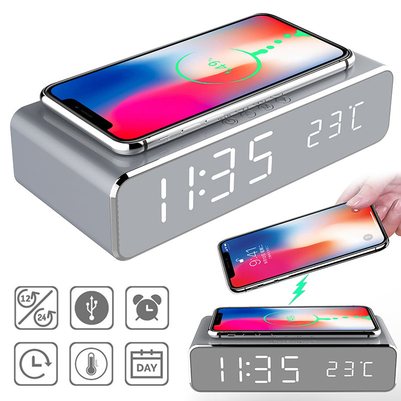 LED Electric Alarm Clock With Wireless Charger Desktop Digital Despertador Thermometer